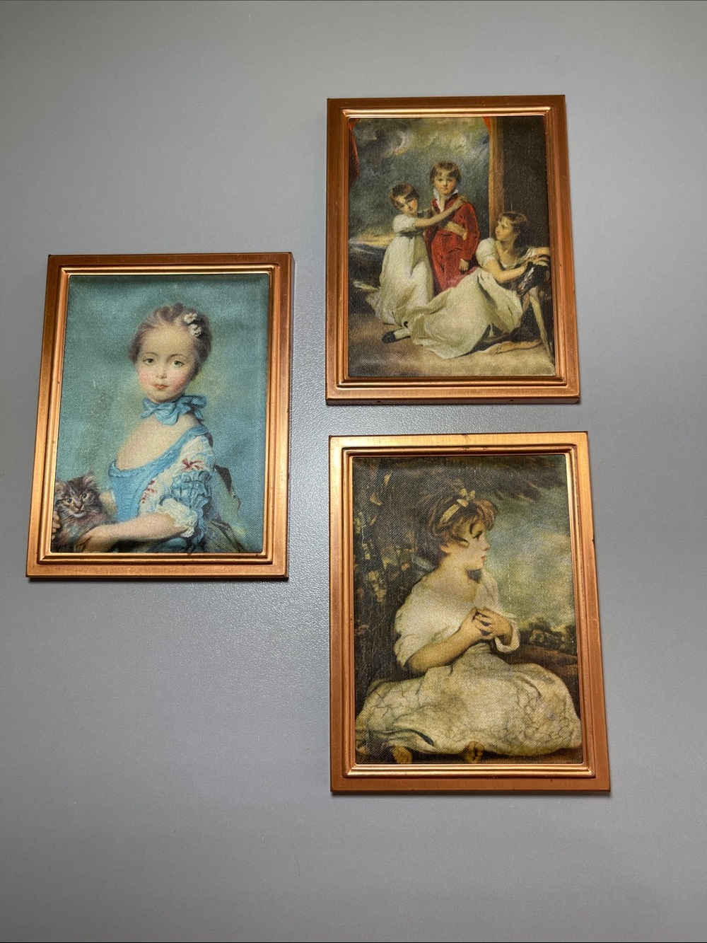Set of 3 Vintage Miniature Silkscreen Portrait Prints in Copper Frames